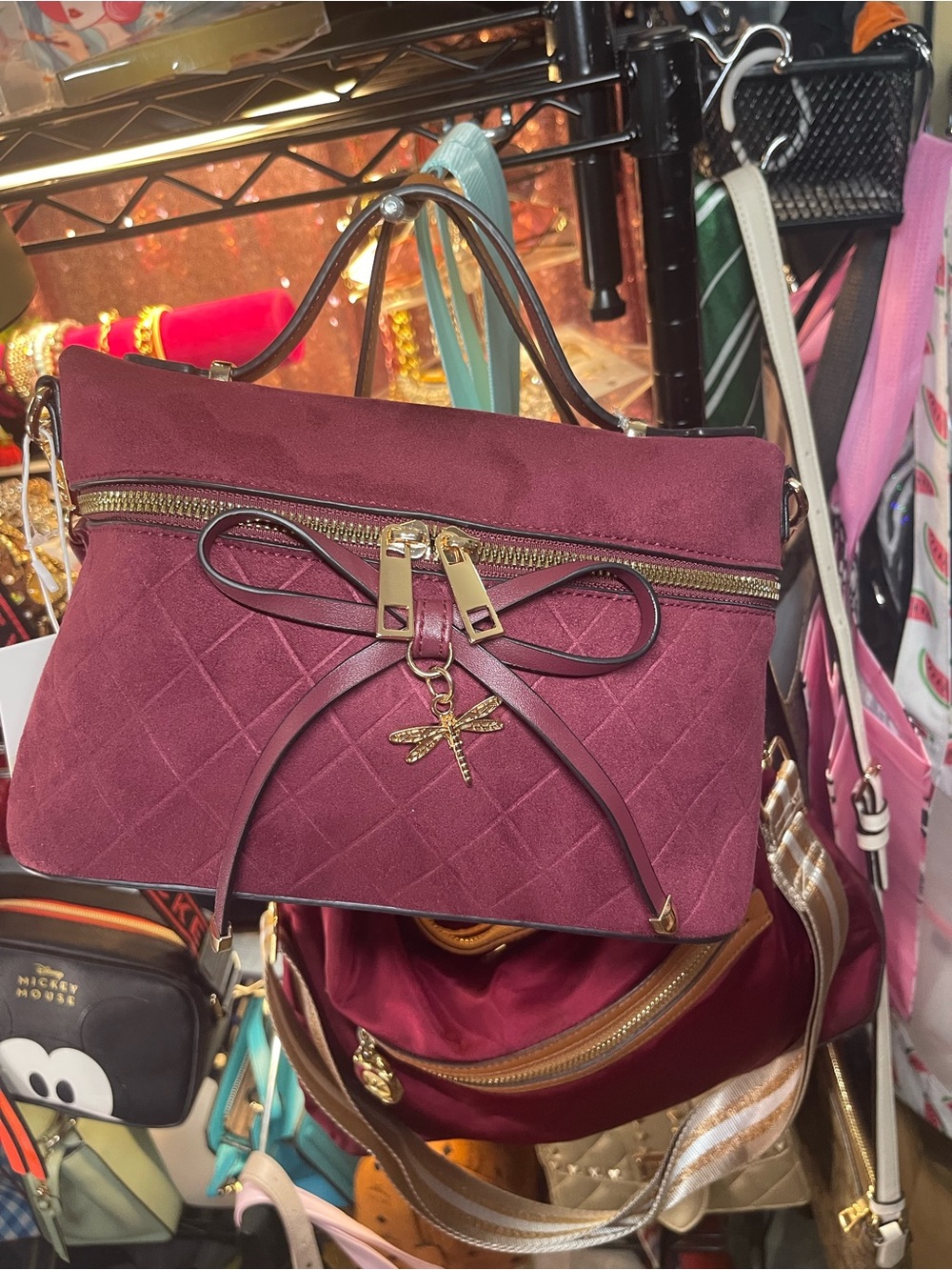 & Other Stories Quilted Wine Red Crossbody with Gold Dragonfly Charm
